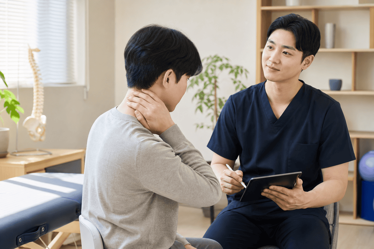 "목이랑 어깨가 늘 뭉치고 뒷골이 당겨요" — 거북목 근막통증후군과 경추 디스크, 팔 저림이 가른다